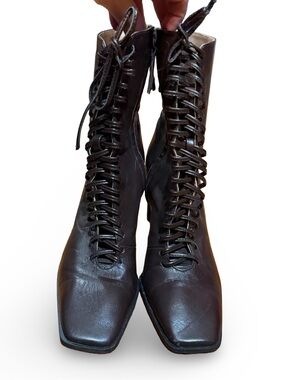 Zara Genuine Leather Lace Up Block Heel Ankle Boots Chocolate Brown Size 39/8